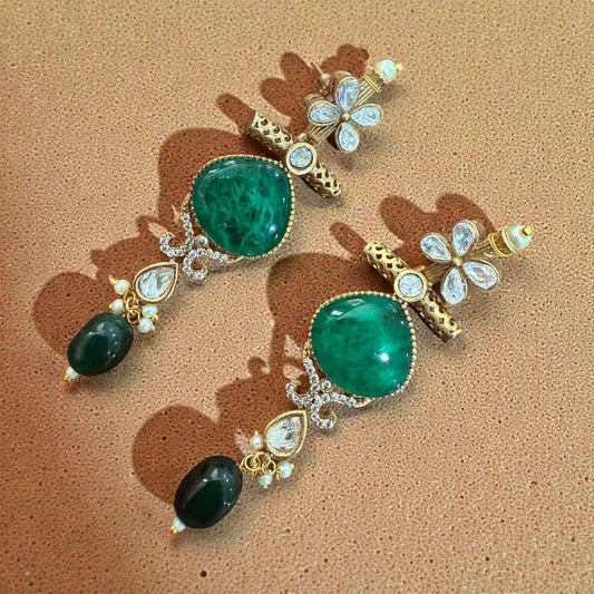 Emerald Green Stone Dangle Earrings | Gold & Silver Tone, Bridal