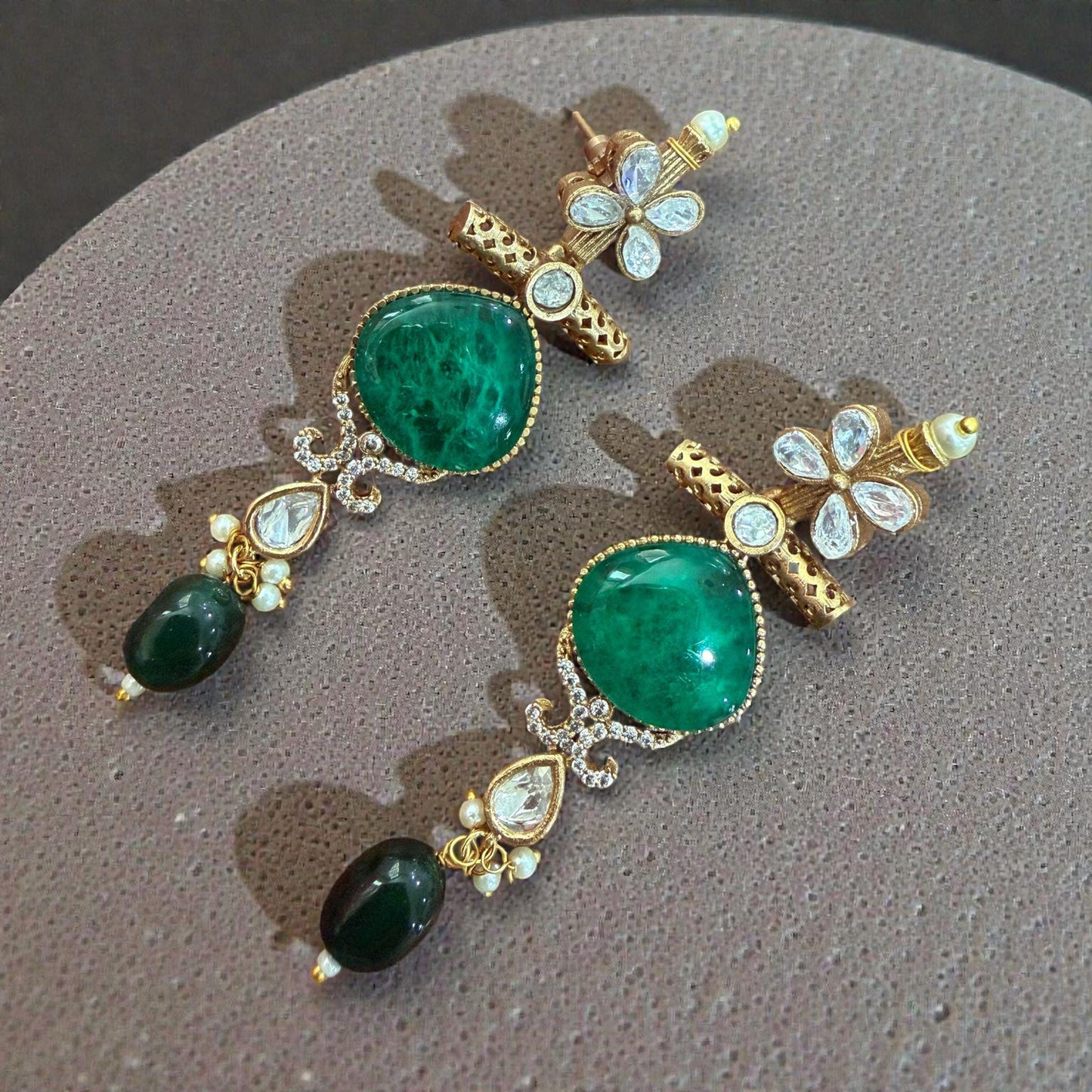 Emerald Green Stone Dangle Earrings | Gold & Silver Tone, Bridal