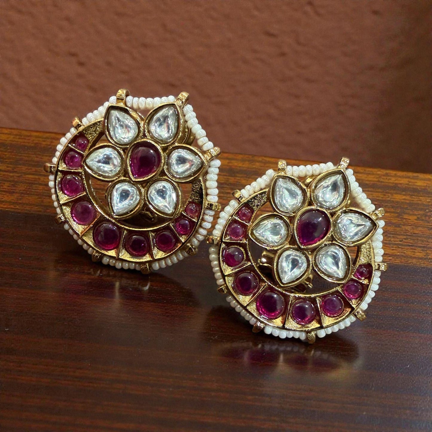 Floral Kundan Stud Earrings | Ruby & Pearl Indian Jewelry
