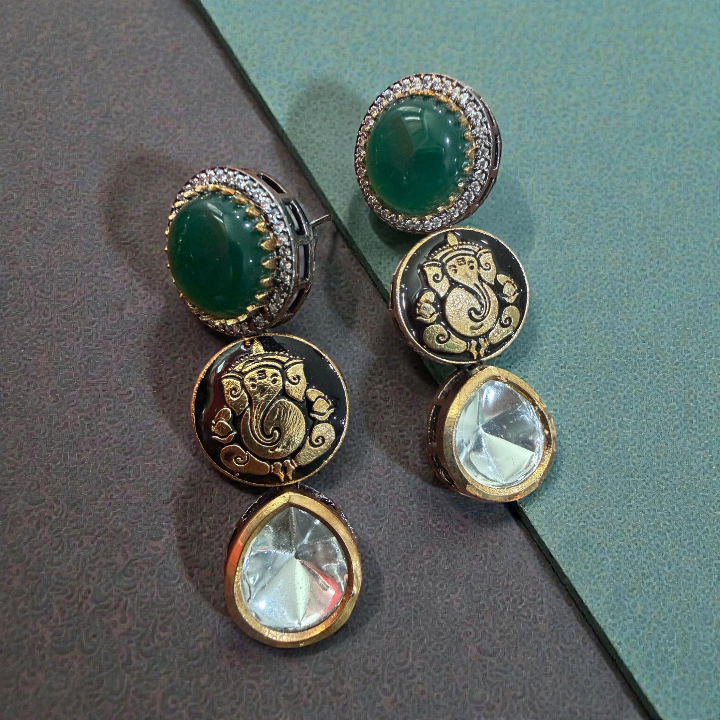 Ganesha Earrings | Green Stone Kundan Indian Jewelry