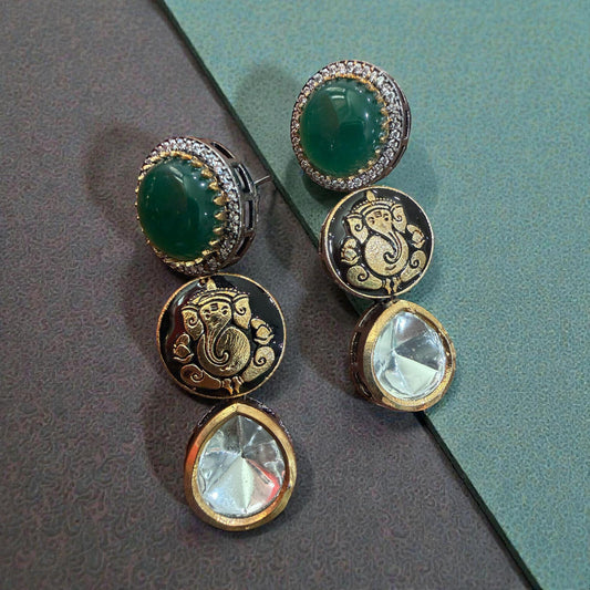 Ganesha Earrings | Green Stone Kundan Indian Jewelry