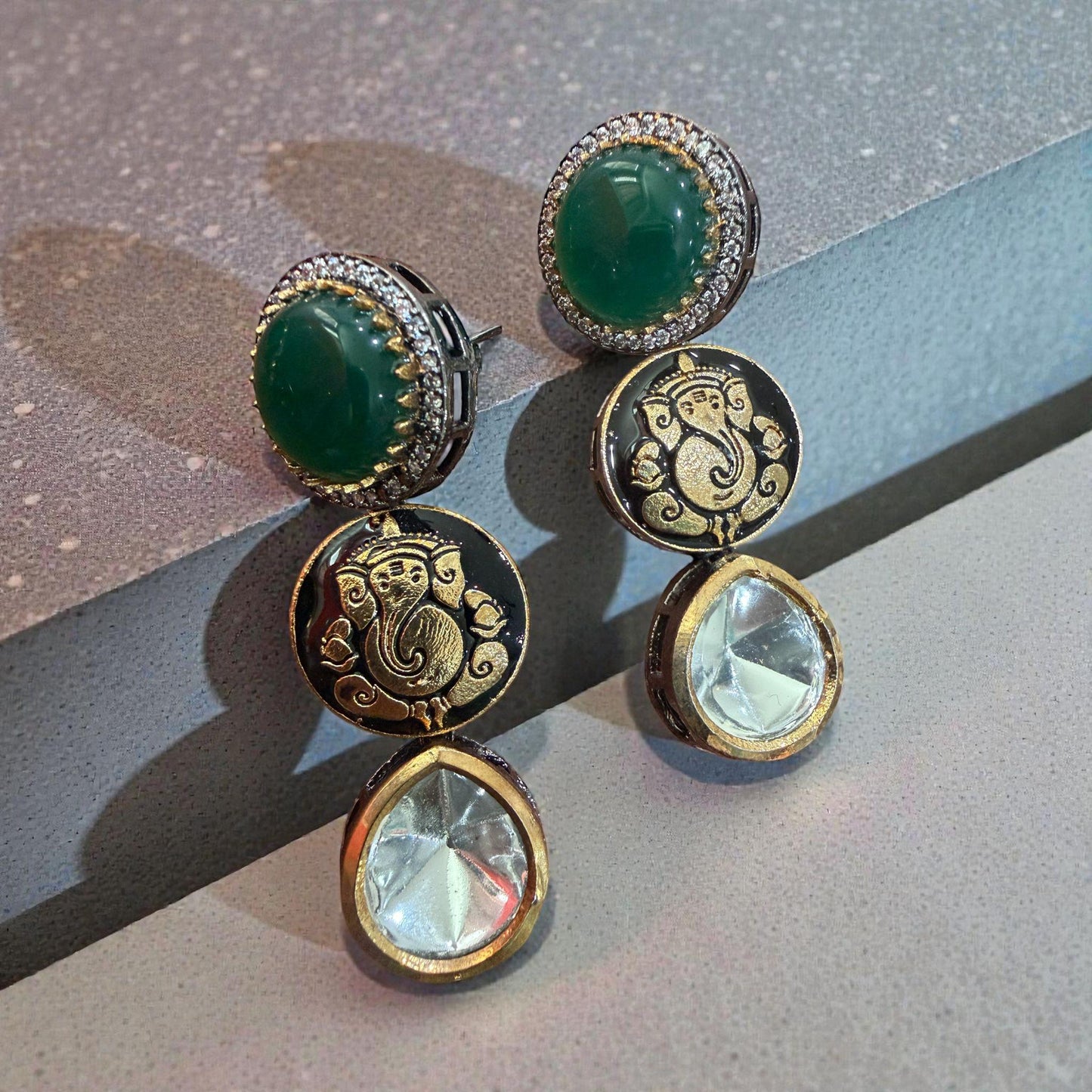 Ganesha Earrings | Green Stone Kundan Indian Jewelry