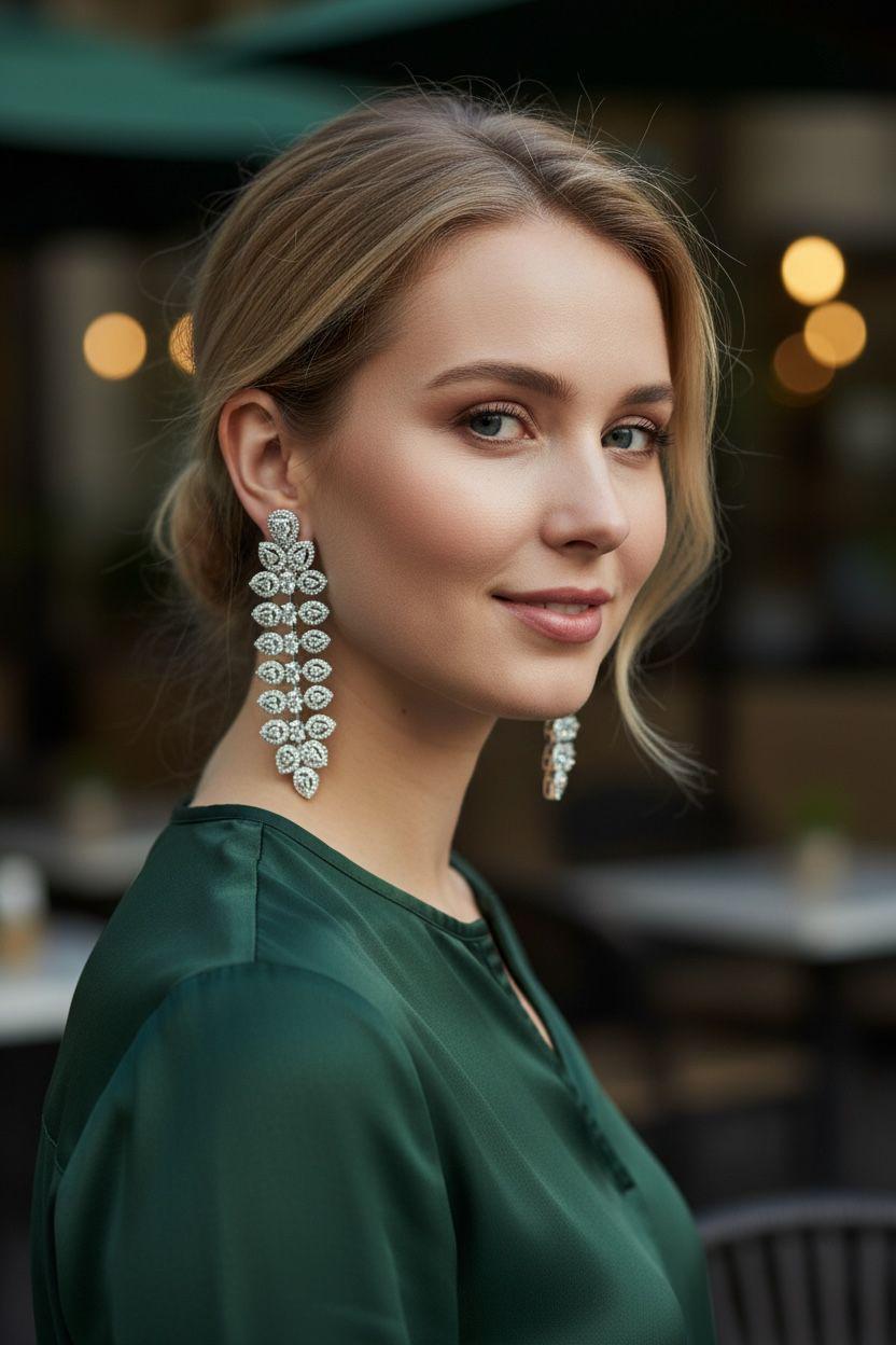 Crystal Leaf Drop Earrings | Silver Tone Bridal Jewelry