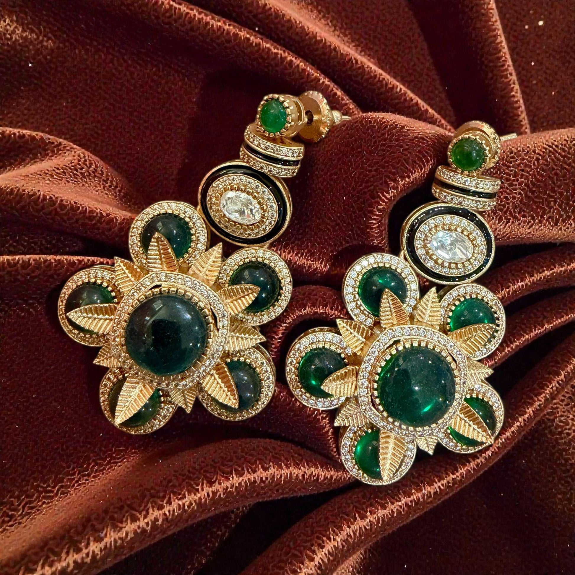 Emerald Green Floral Earrings | Gold Tone Crystal Statement Jewelry