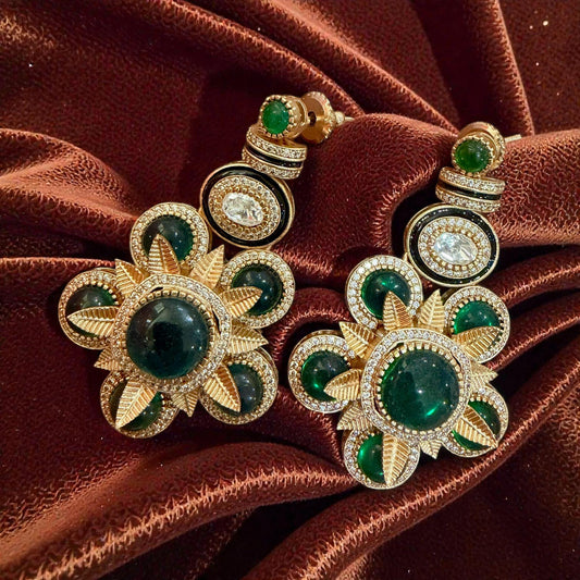 Emerald Green Floral Earrings | Gold Tone Crystal Statement Jewelry
