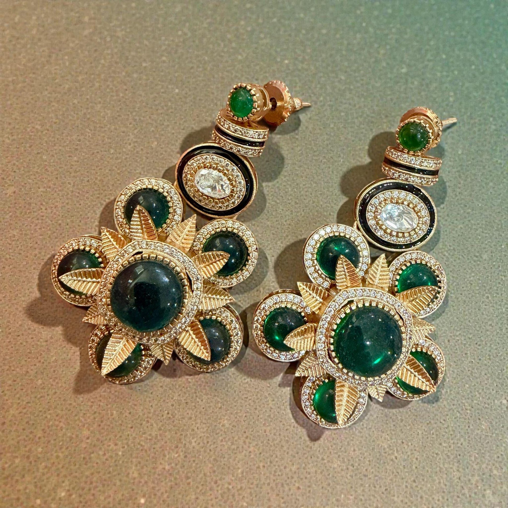 Emerald Green Floral Earrings | Gold Tone Crystal Statement Jewelry