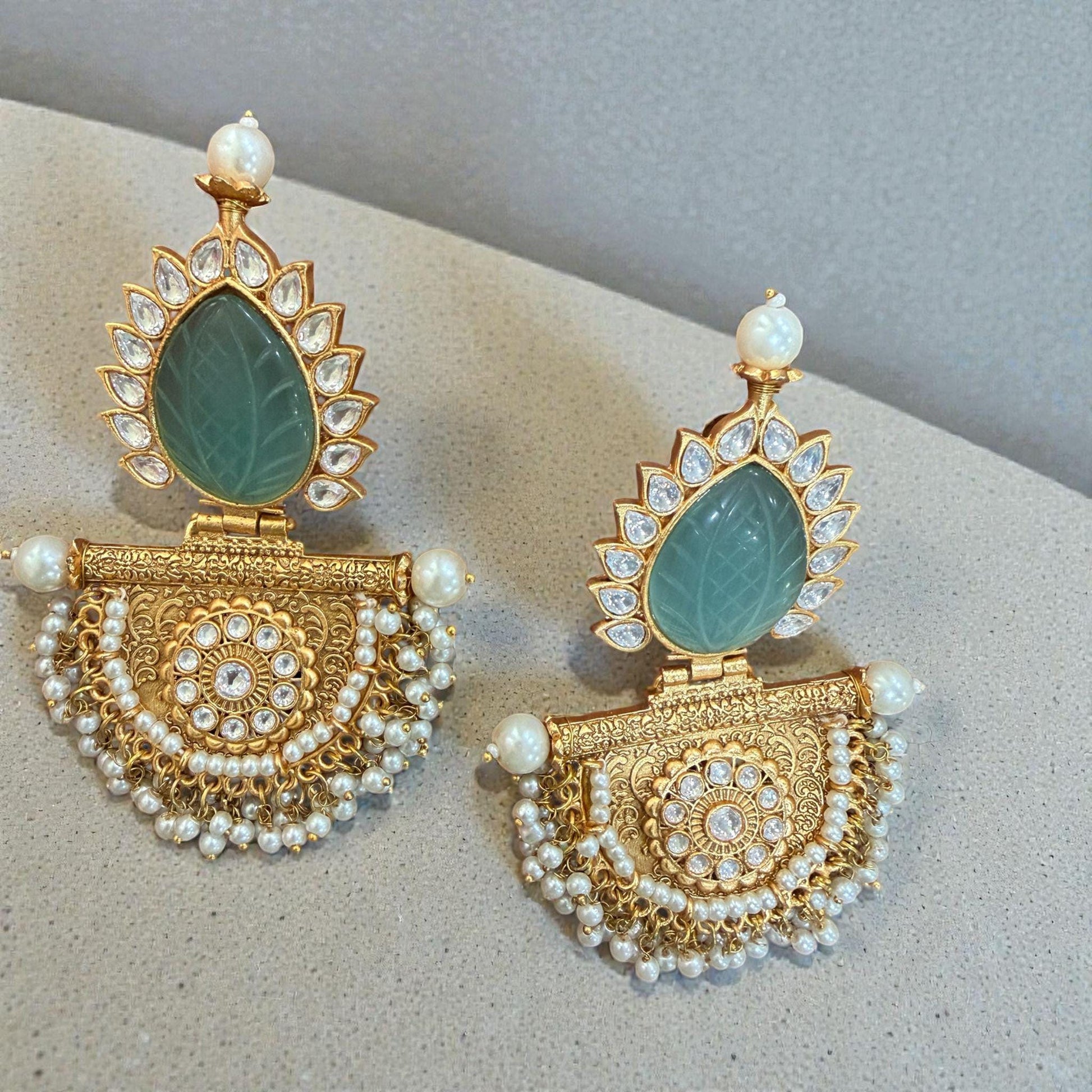 Green Stone Chandelier Earrings | Gold Mughal Indian Bridal Jewelry