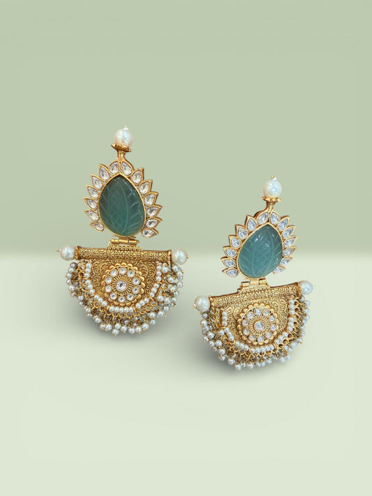 Green Stone Chandelier Earrings | Gold Mughal Indian Bridal Jewelry