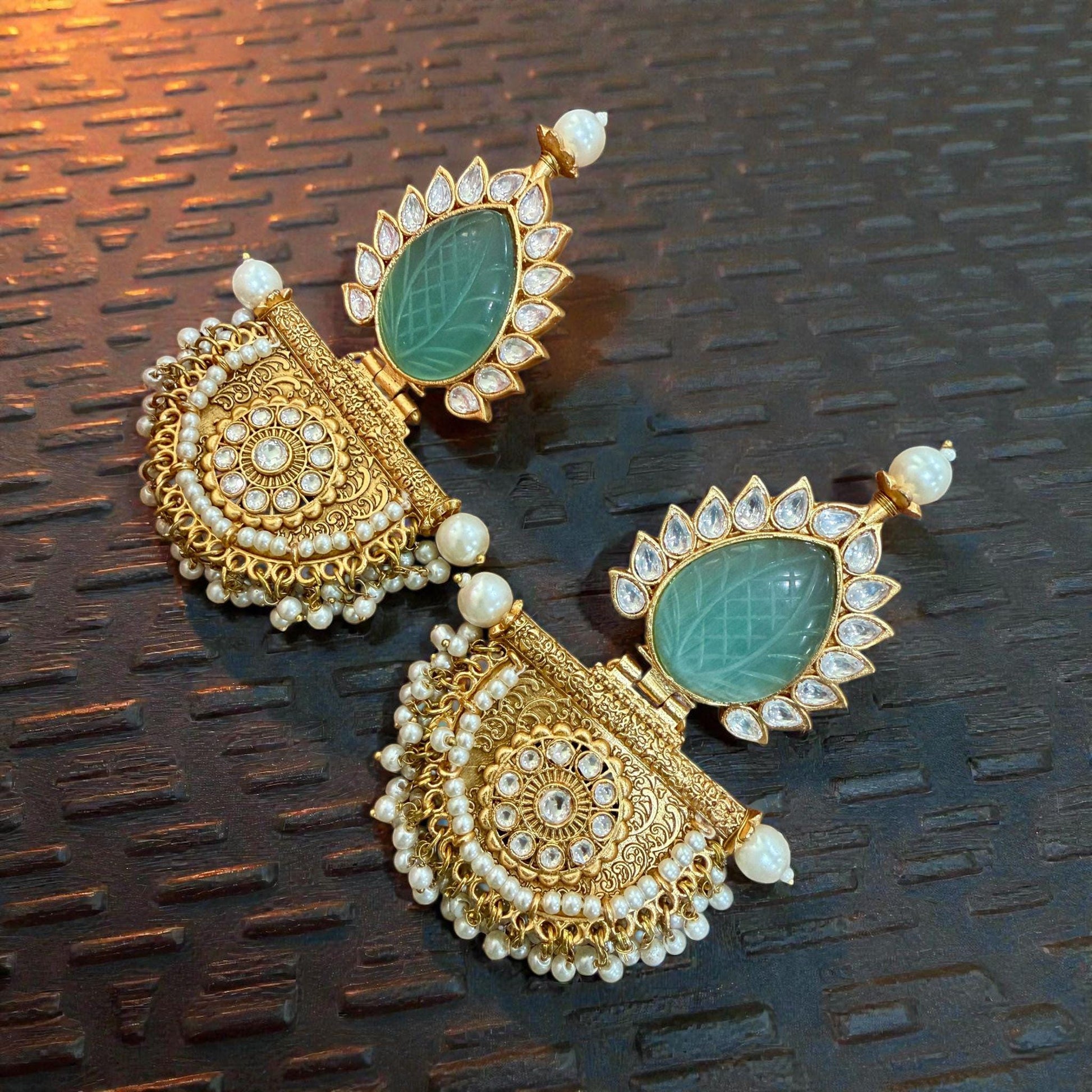 Green Stone Chandelier Earrings | Gold Mughal Indian Bridal Jewelry