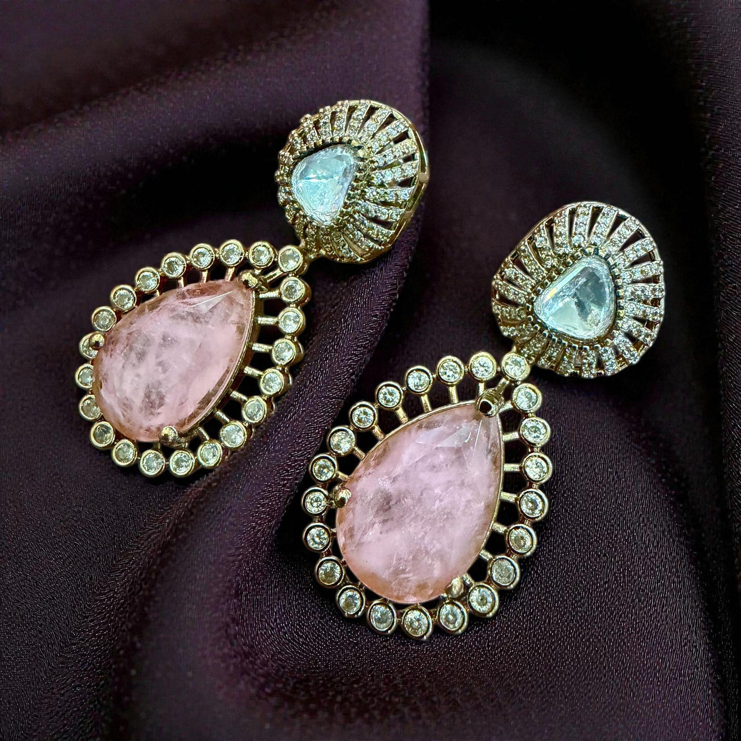 Pink Stone Teardrop Earrings | Gold Tone Kundan Bridal Jewelry
