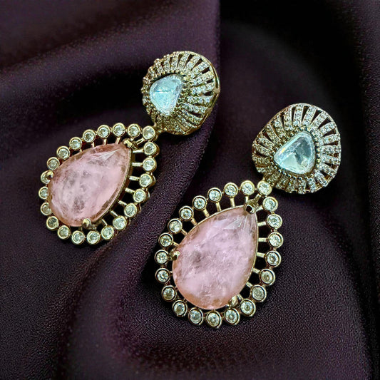 Pink Stone Teardrop Earrings | Gold Tone Kundan Bridal Jewelry