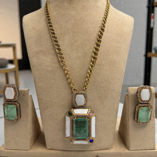 Verdant Stone Pendant Necklace Set with Chunky Chain & Matching Earrings | Modern Heritage Jewelry