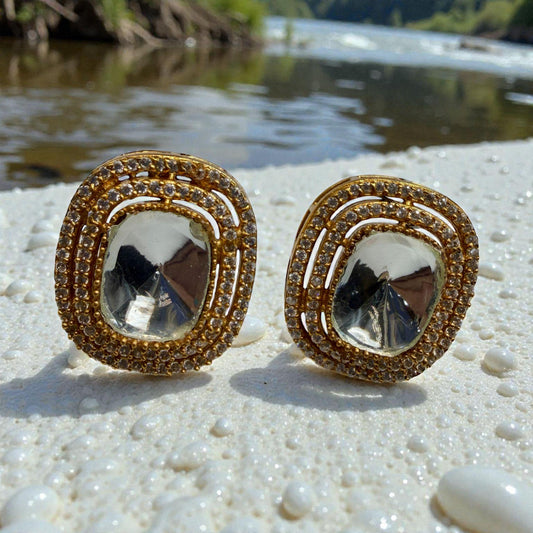 Oval Mirror Crystal Stud Earrings with Pavé Halo | Statement Bridal & Evening Earrings