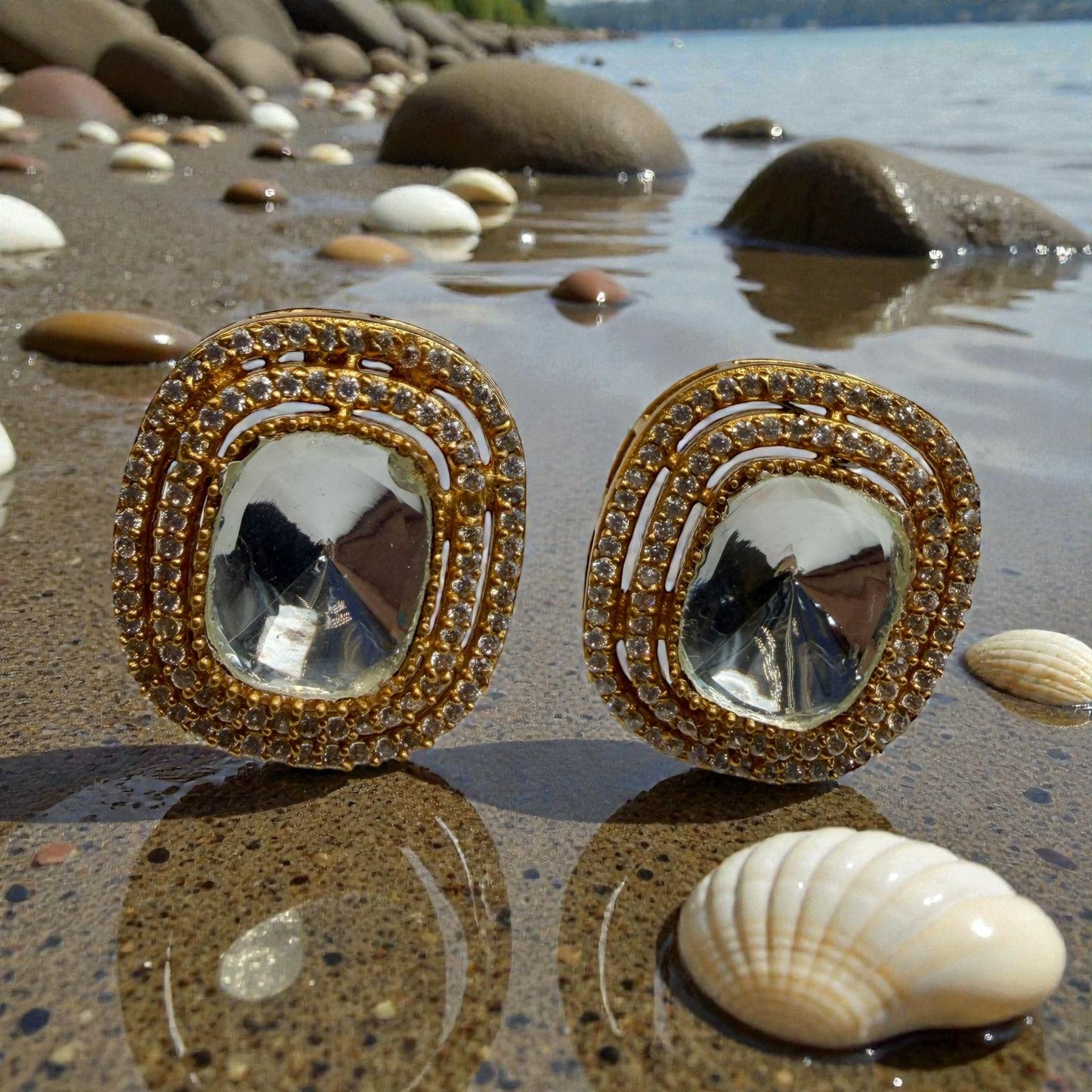 Oval Mirror Crystal Stud Earrings with Pavé Halo | Statement Bridal & Evening Earrings