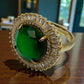 Oval Green Crystal Halo Ring | Vintage-Inspired Statement Cocktail Ring for Women