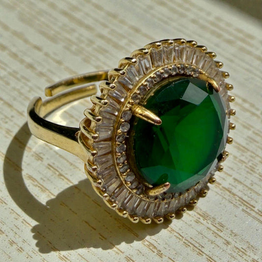 Oval Green Crystal Halo Ring | Vintage-Inspired Statement Cocktail Ring for Women