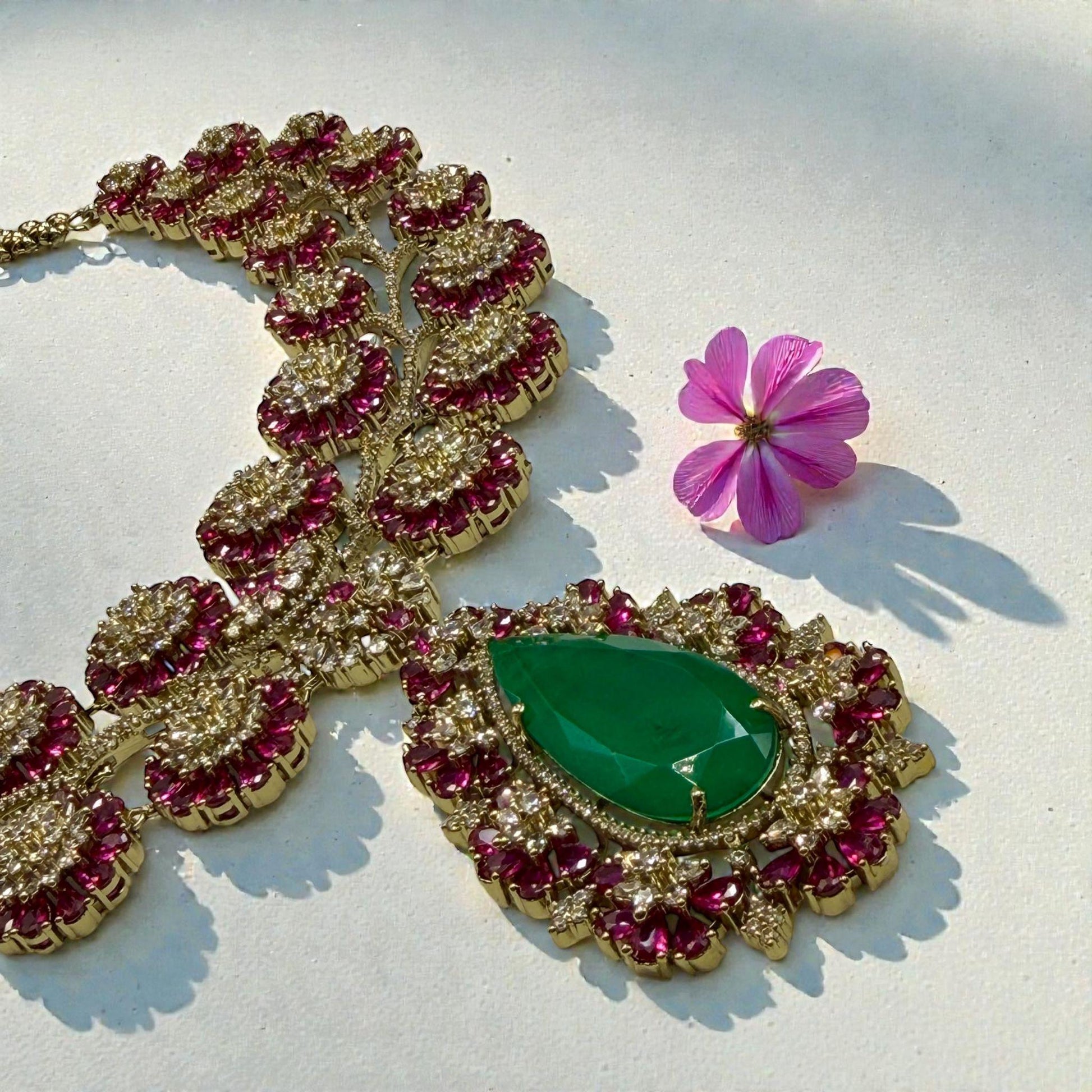 Floral Statement Necklace Set with Green Teardrop Pendant | Bold Necklace & Earrings
