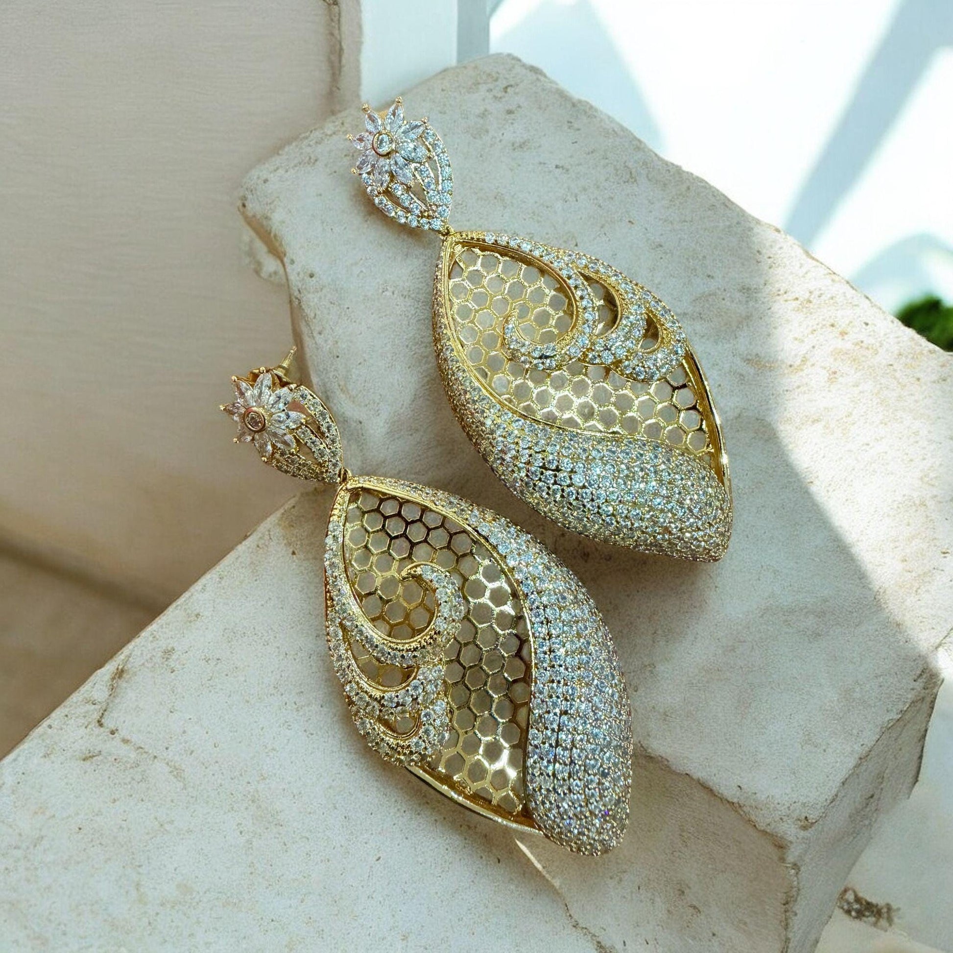 Gold Paisley large Earrings | Luxury CZ Drop Earrings | Indian Wedding Statement Jewelry