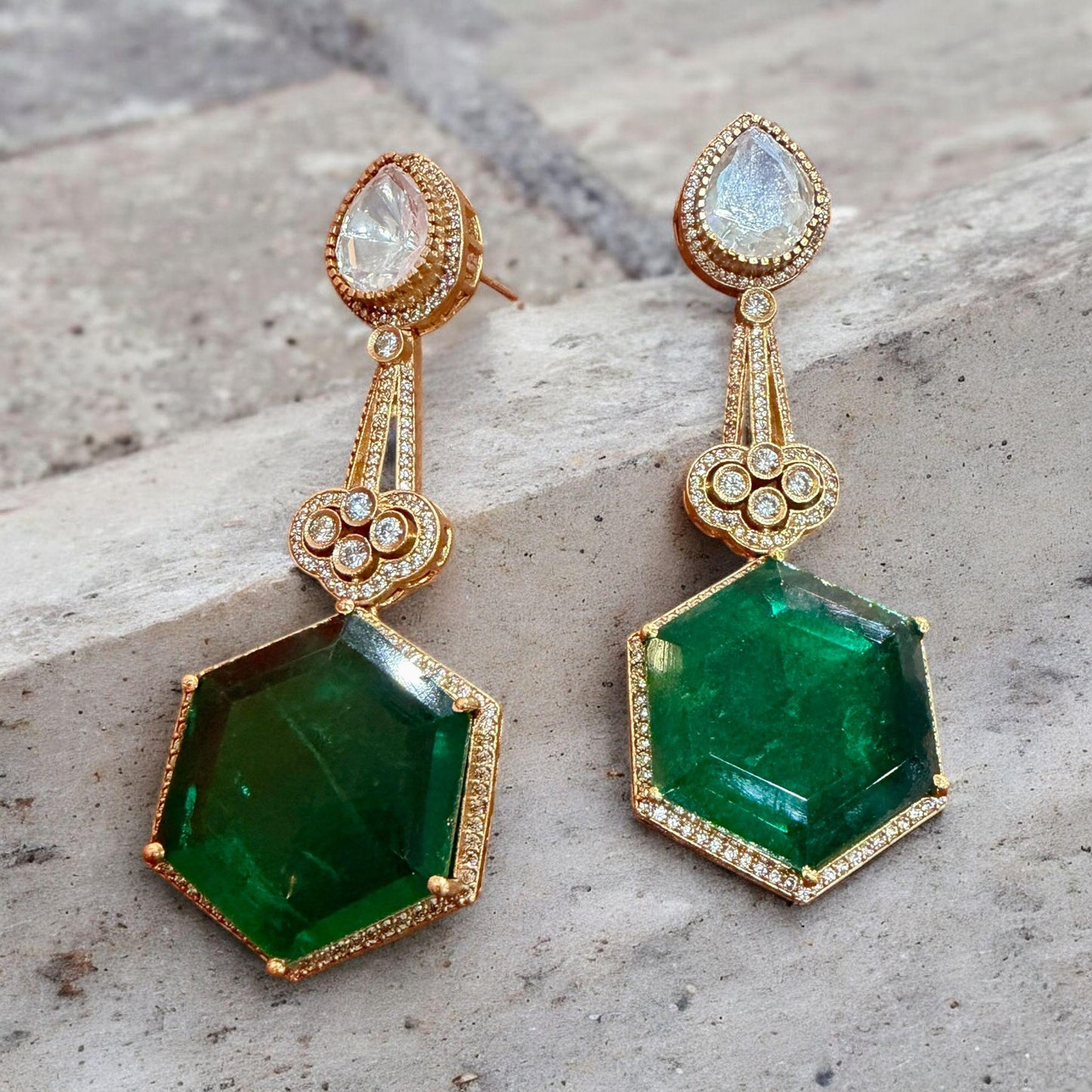 Emerald Green Hexagon Drop Earrings | Gold Bridal Statement Earrings with CZ | Indian Wedding Jewelry