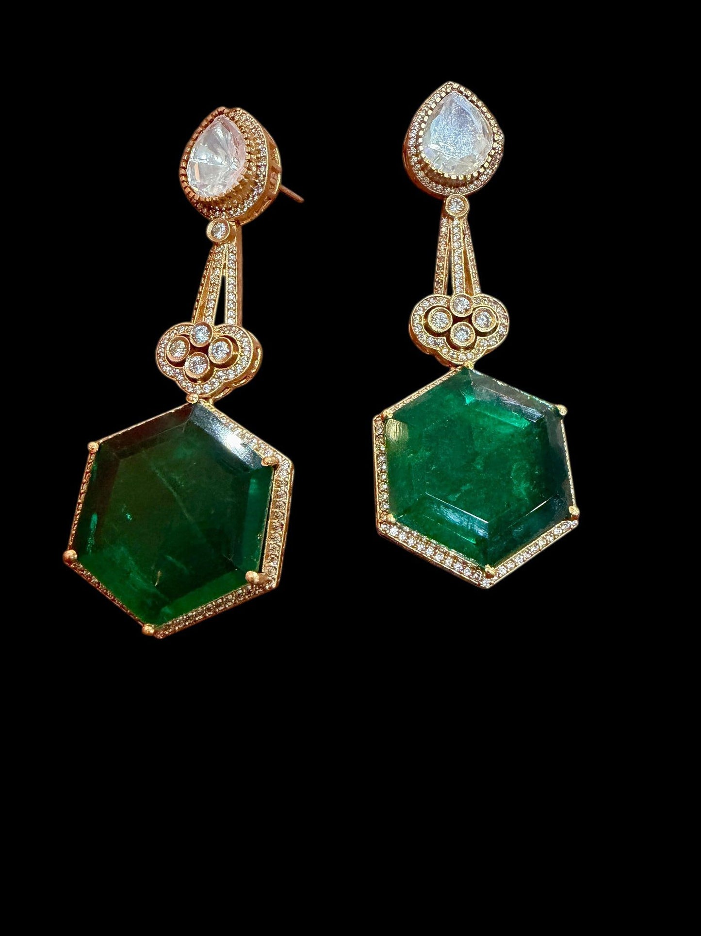 Emerald Green Hexagon Drop Earrings | Gold Bridal Statement Earrings with CZ | Indian Wedding Jewelry