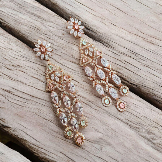 Rose Gold Floral Chandelier Earrings | Long CZ Bridal Statement Earrings | Wedding & Party Jewelry