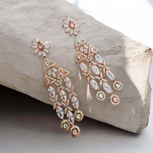 Rose Gold Floral Chandelier Earrings | Long CZ Bridal Statement Earrings | Wedding & Party Jewelry