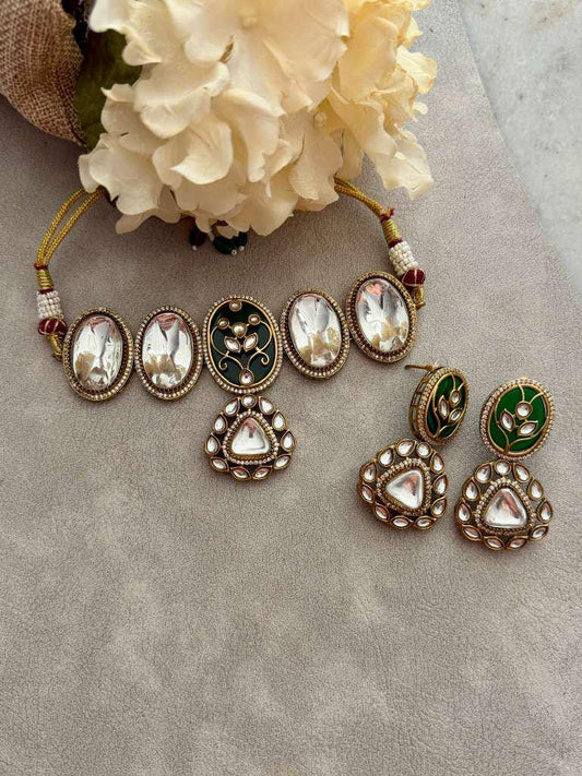 Green & Ivory Kundan Necklace Set | Gold Traditional Bridal Necklace with Earrings | Indian Wedding Jewelry