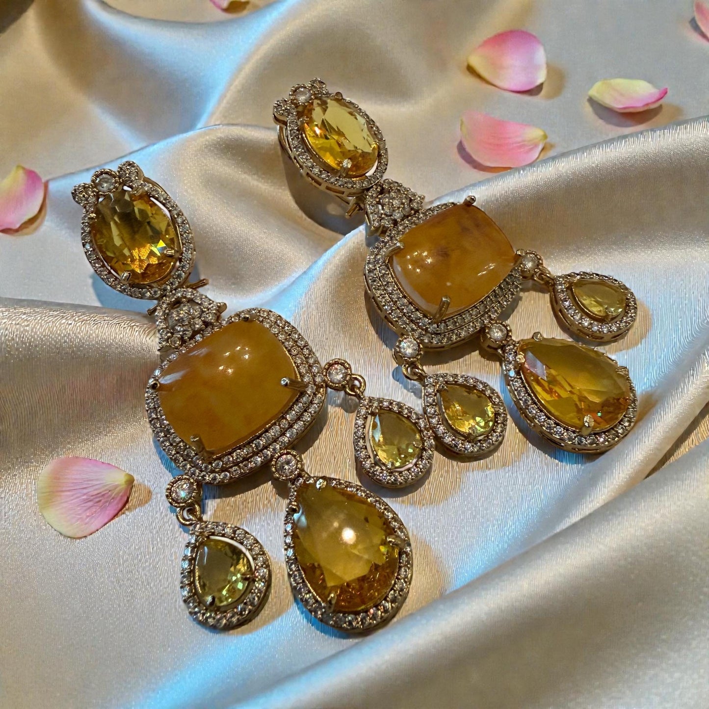 Yellow doublet Drop designer high end Earrings | 22K Gold Plated Bridal/party Jewelry