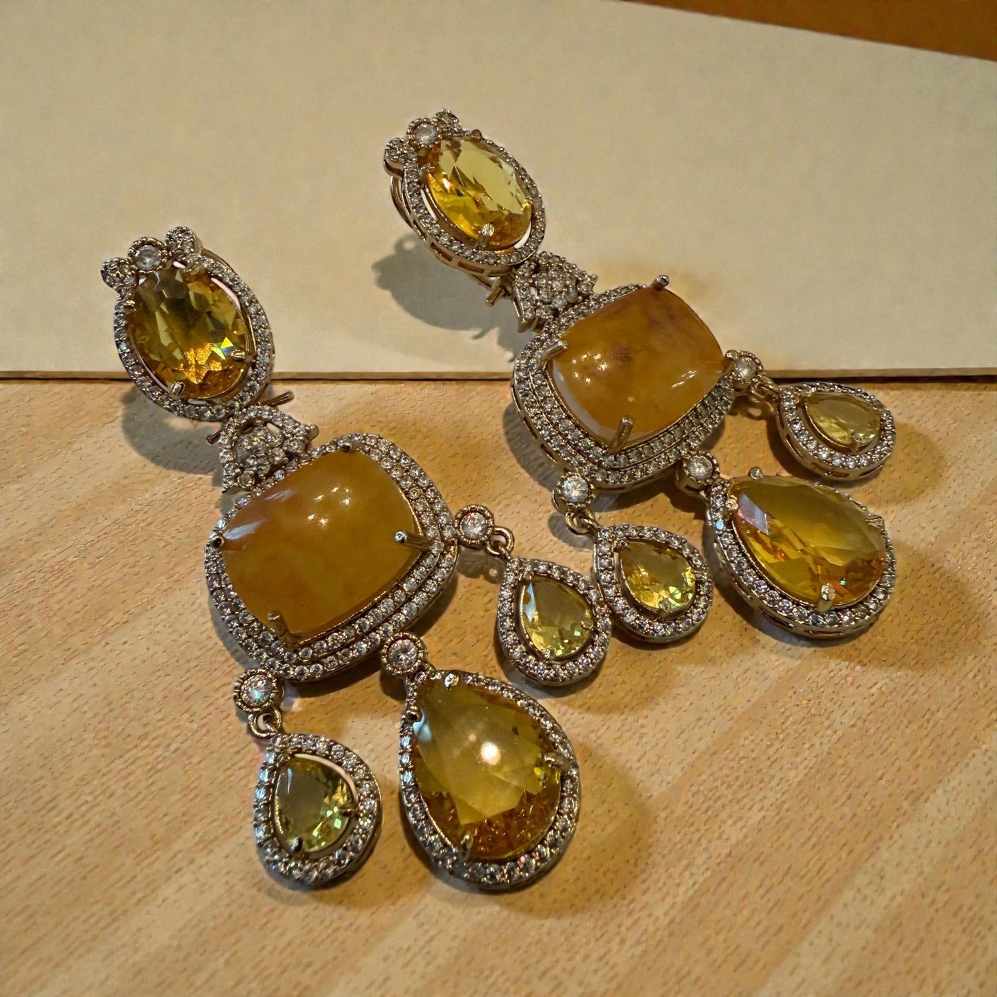 Yellow doublet Drop designer high end Earrings | 22K Gold Plated Bridal/party Jewelry