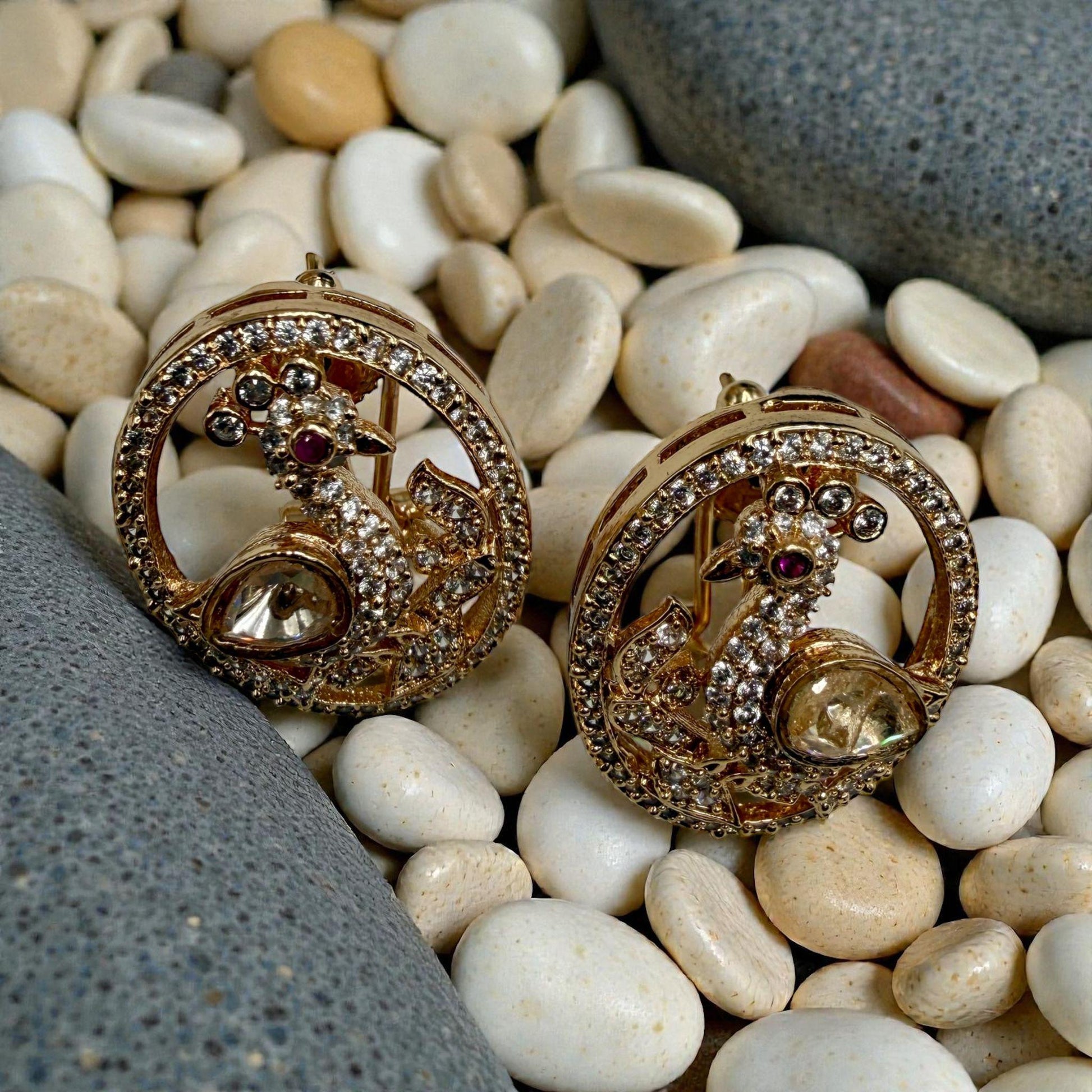 Peacock Motif Round Stud Earrings | Vintage Kundan Style Bird Earrings in Gold Finish