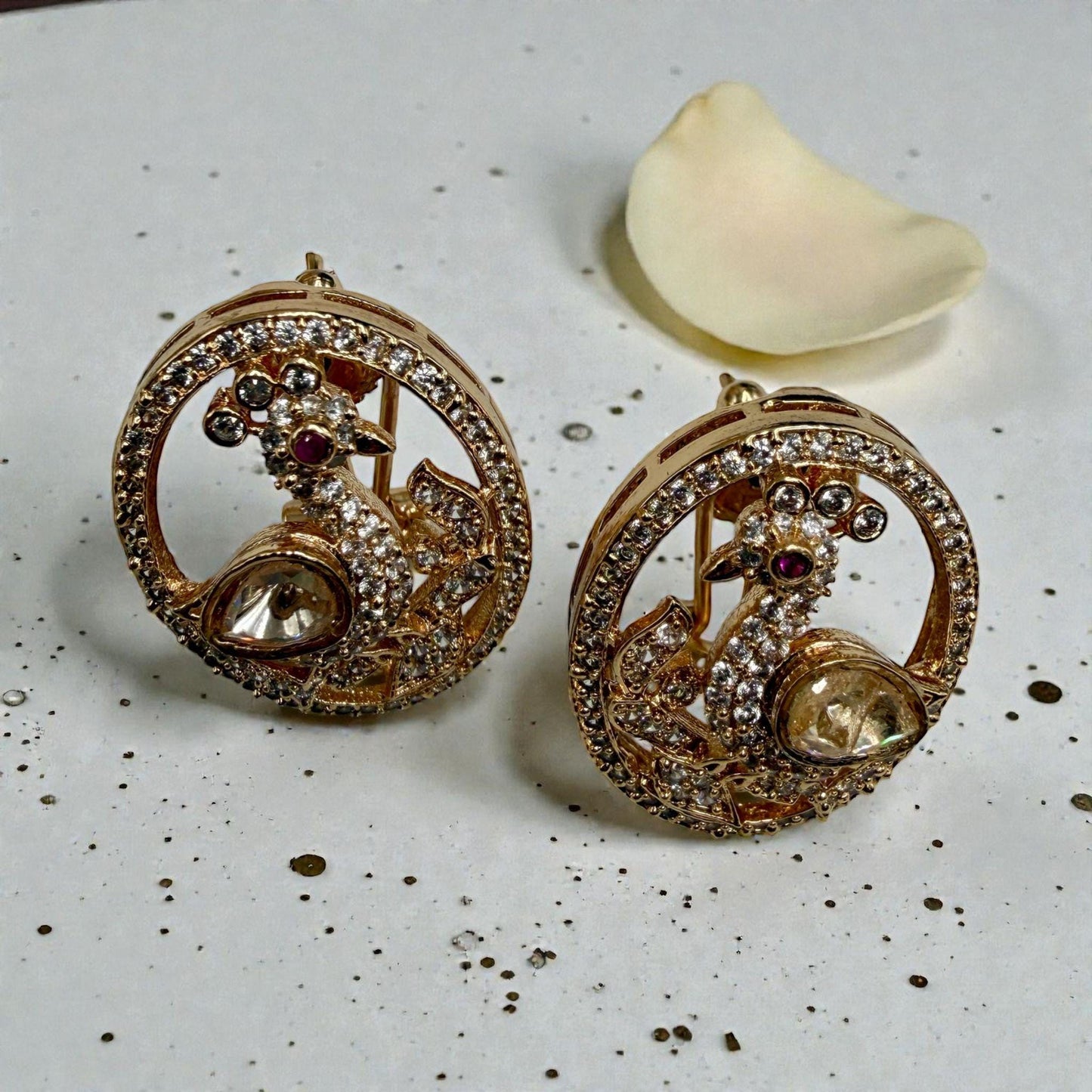 Peacock Motif Round Stud Earrings | Vintage Kundan Style Bird Earrings in Gold Finish