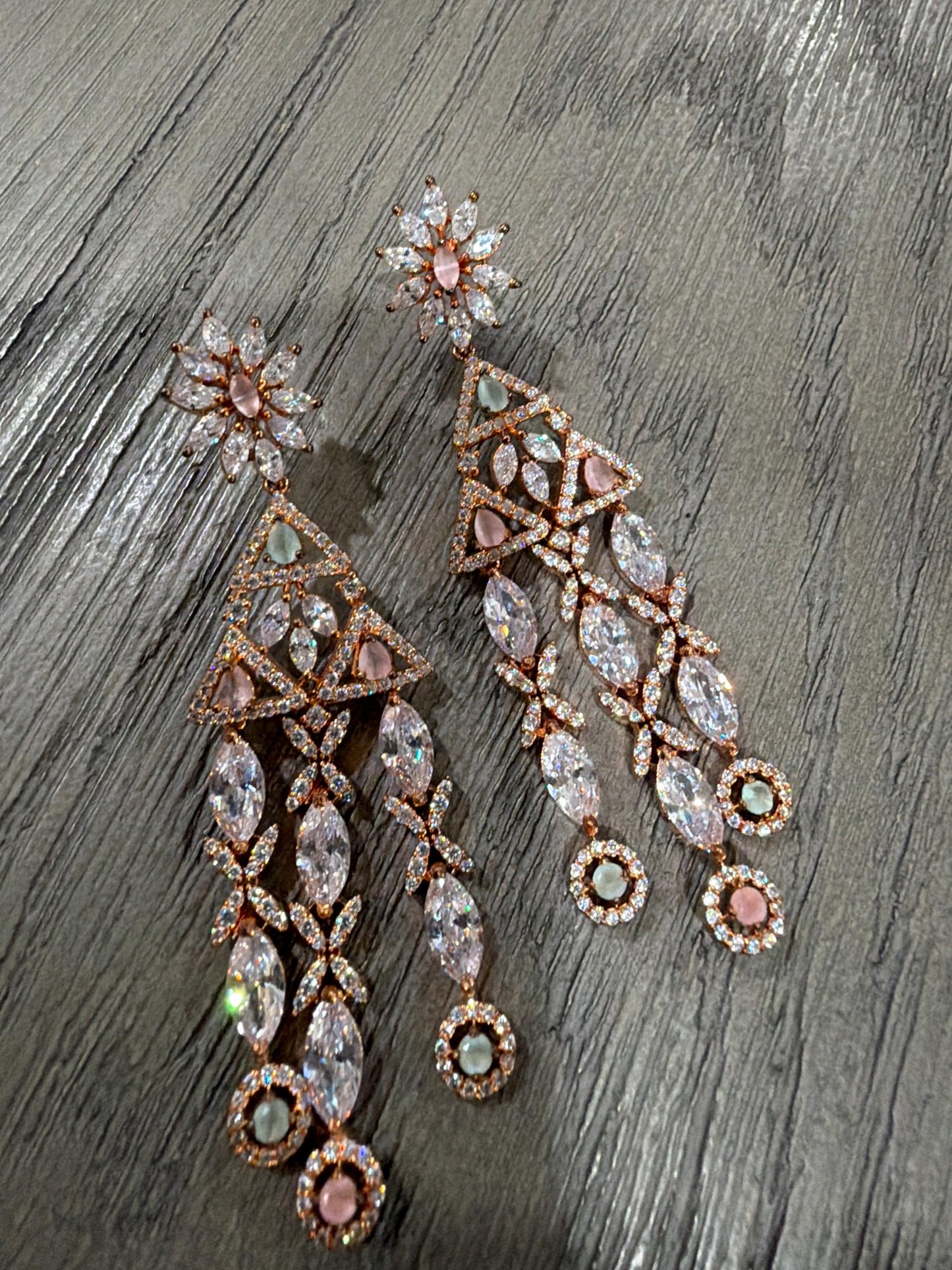 Rose Gold Floral Chandelier Earrings | Long CZ Bridal Statement Earrings | Wedding & Party Jewelry