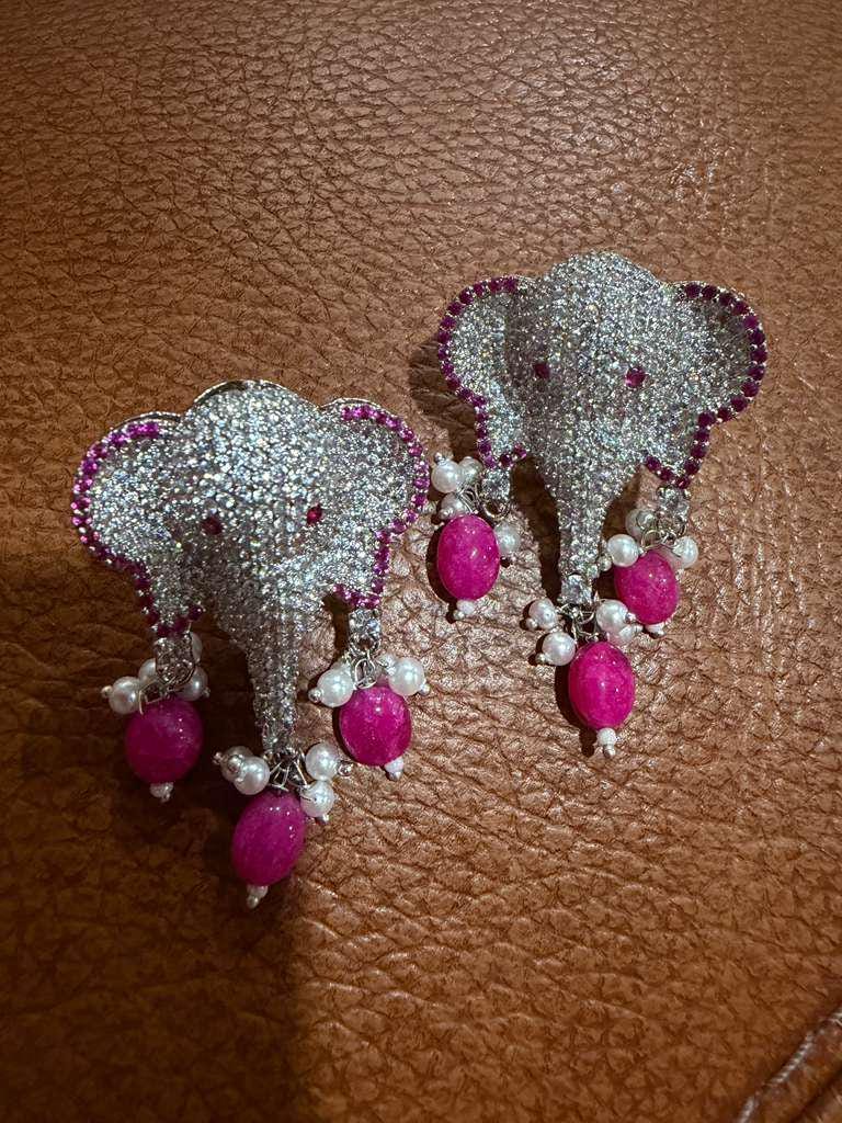 Elephant CZ Pearl Drop Earrings | Green or Pink Statement Animal Earrings | Bridal & Festive Jewelry