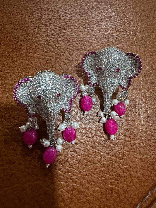 Elephant CZ Pearl Drop Earrings | Green or Pink Statement Animal Earrings | Bridal & Festive Jewelry