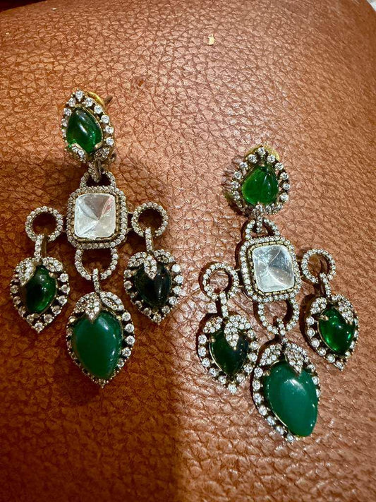 Emerald Green Kundan Chandelier Earrings | Gold CZ Statement Bridal Earrings | Indian Wedding Jewelry
