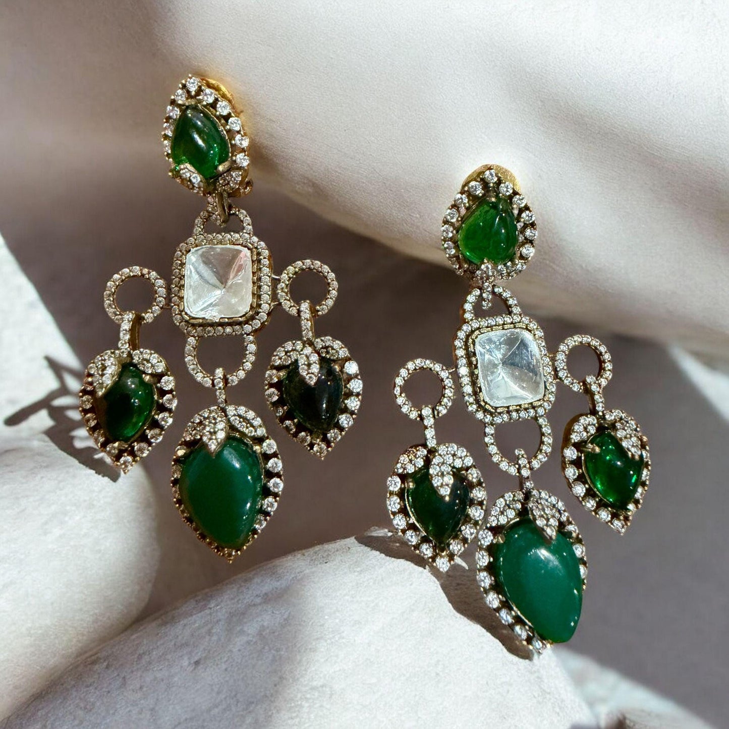 Emerald Green Kundan Chandelier Earrings | Gold CZ Statement Bridal Earrings | Indian Wedding Jewelry