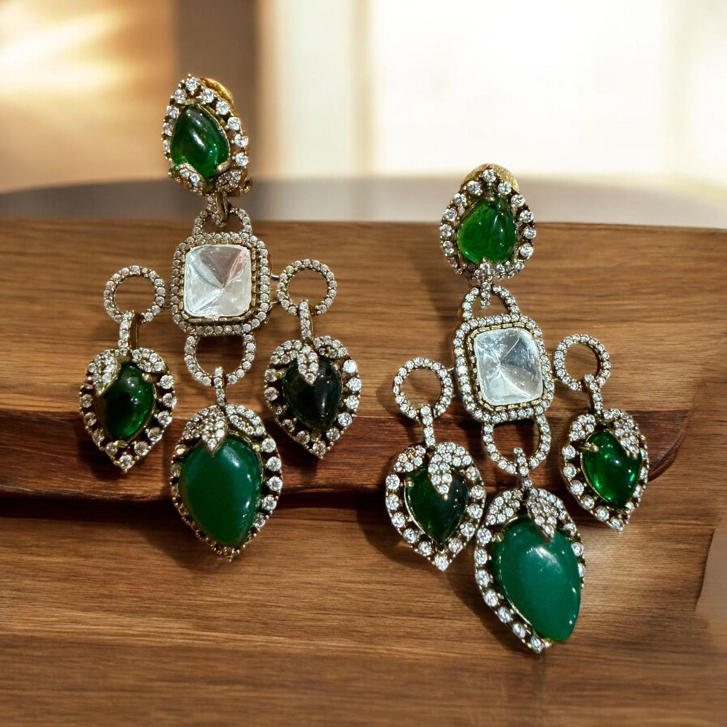 Emerald Green Kundan Chandelier Earrings | Gold CZ Statement Bridal Earrings | Indian Wedding Jewelry
