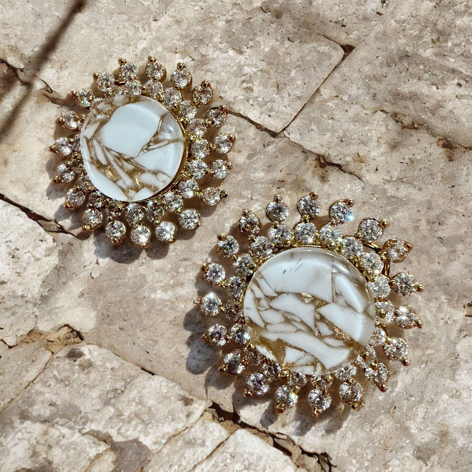 White Stone Sunburst Stud Earrings | Gold CZ Statement Studs | Bridal & Party Jewelry