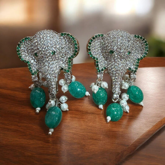 Elephant CZ Pearl Drop Earrings | Green or Pink Statement Animal Earrings | Bridal & Festive Jewelry
