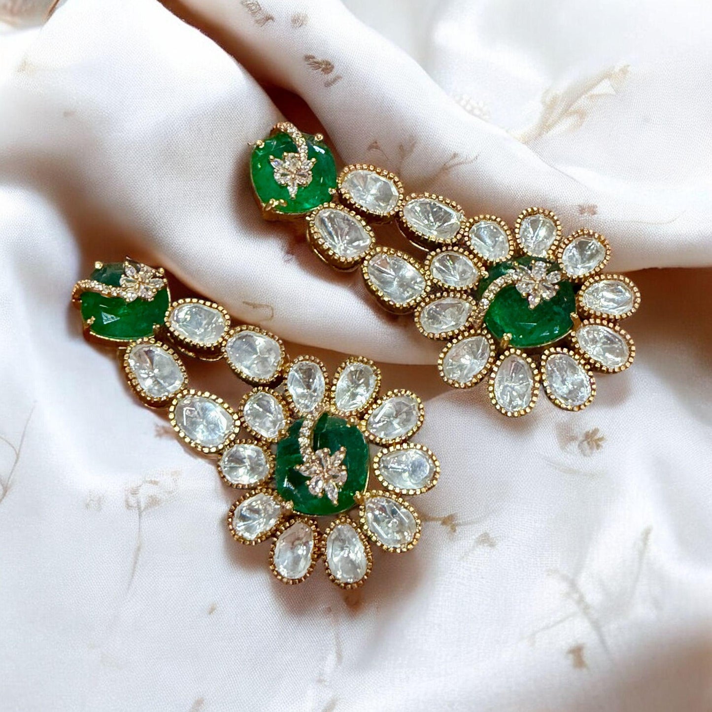 Emerald Green Floral monzonite designer Earrings | Gold CZ Chandelier Statement Earrings | Indian Bridal Jewelry