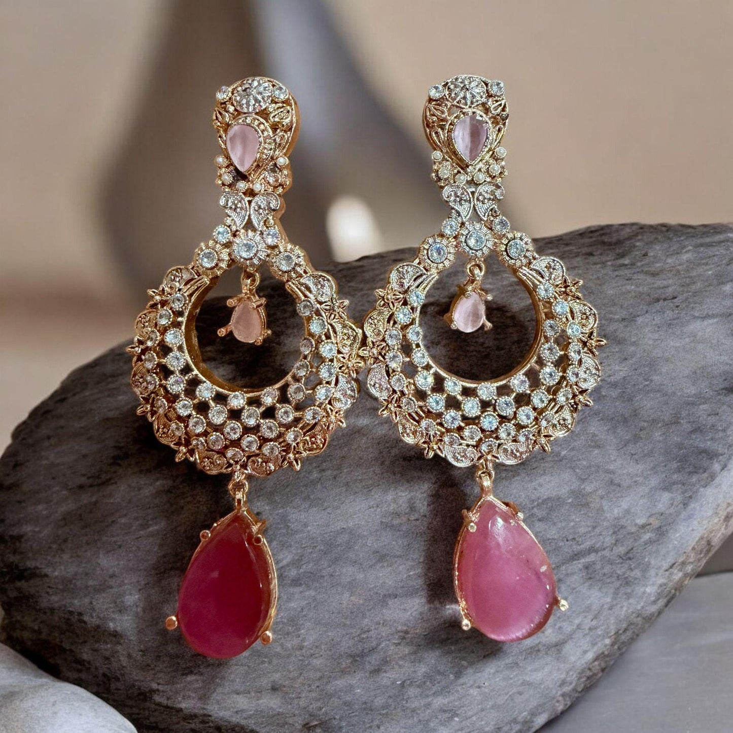 Rose Gold Pink Drop Chandelier Earrings | CZ Bridal Statement Earrings | Wedding & Party Jewelry