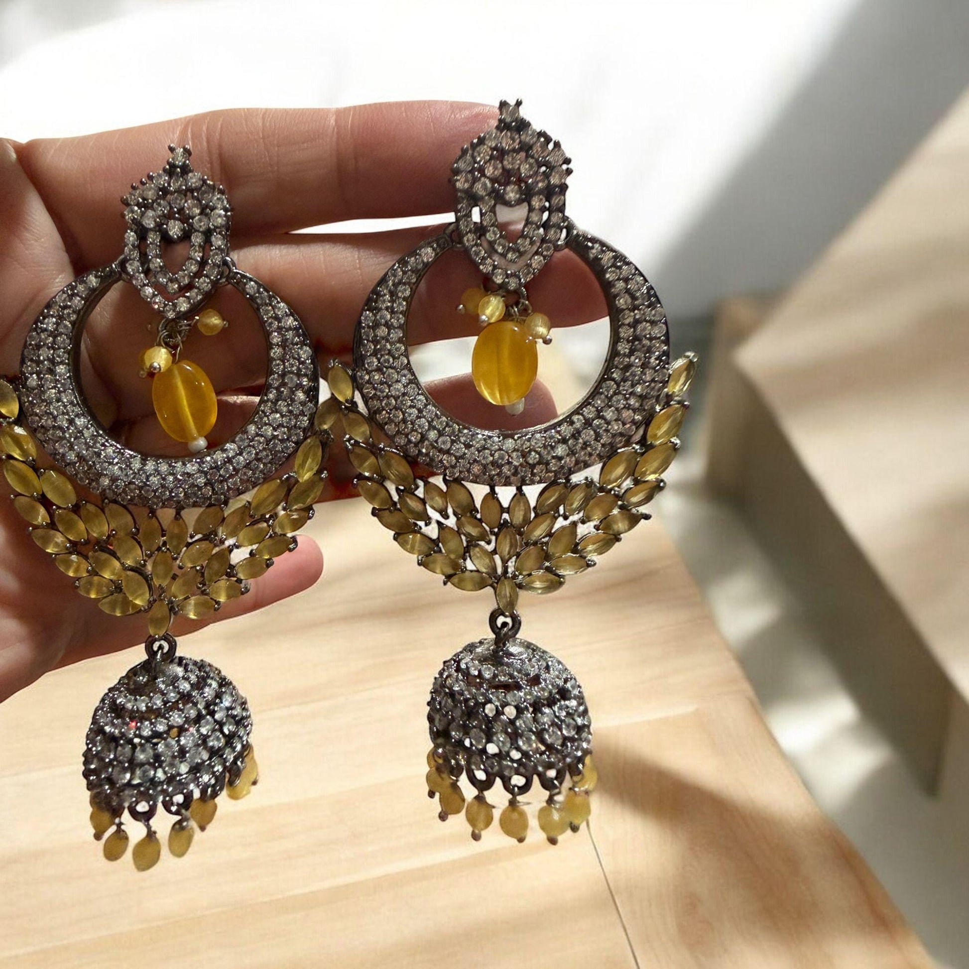 Oxidized Silver Jhumka Earrings | Yellow Bead Chandbali, Indian Jewelry