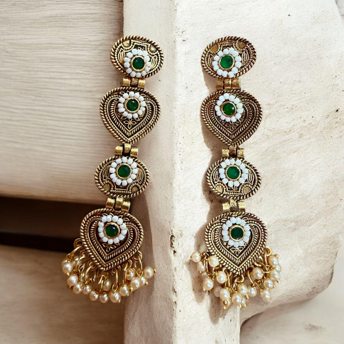 Gold Tone Green Kundan Long Earrings | Pearl Drop Indian Earrings | Traditional Bridal Ethnic Jewelry