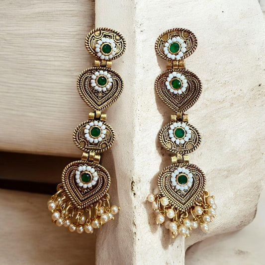 Gold Tone Green Kundan Long Earrings | Pearl Drop Indian Earrings | Traditional Bridal Ethnic Jewelry