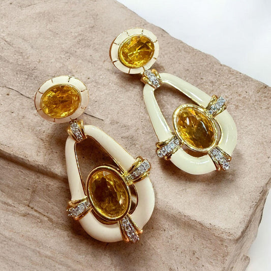 Gold Tone Ivory Drop Earrings | Yellow Crystal Statement Earrings | Elegant women gift |Evening Jewelry