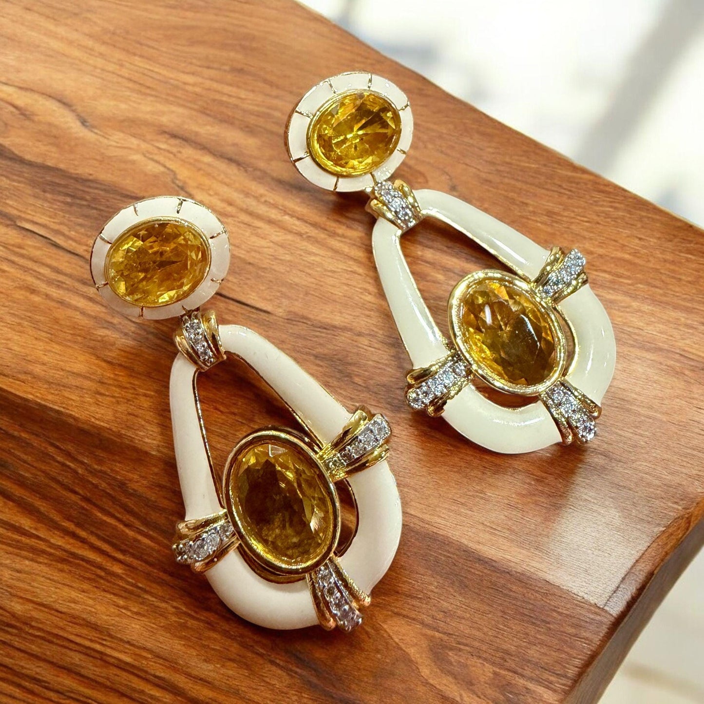 Gold Tone Ivory Drop Earrings | Yellow Crystal Statement Earrings | Elegant women gift |Evening Jewelry