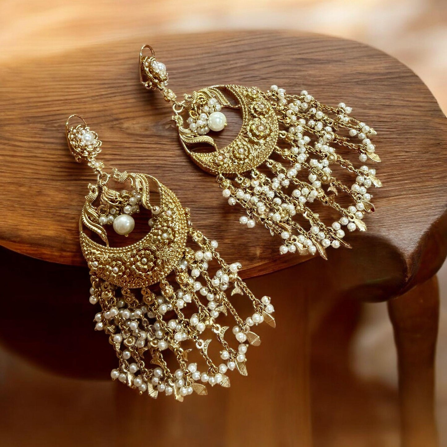 Royal Pearl Crescent Chandelier Earrings | Long Indian Jhumka Earrings | Bridal Traditional Jewelry women gift