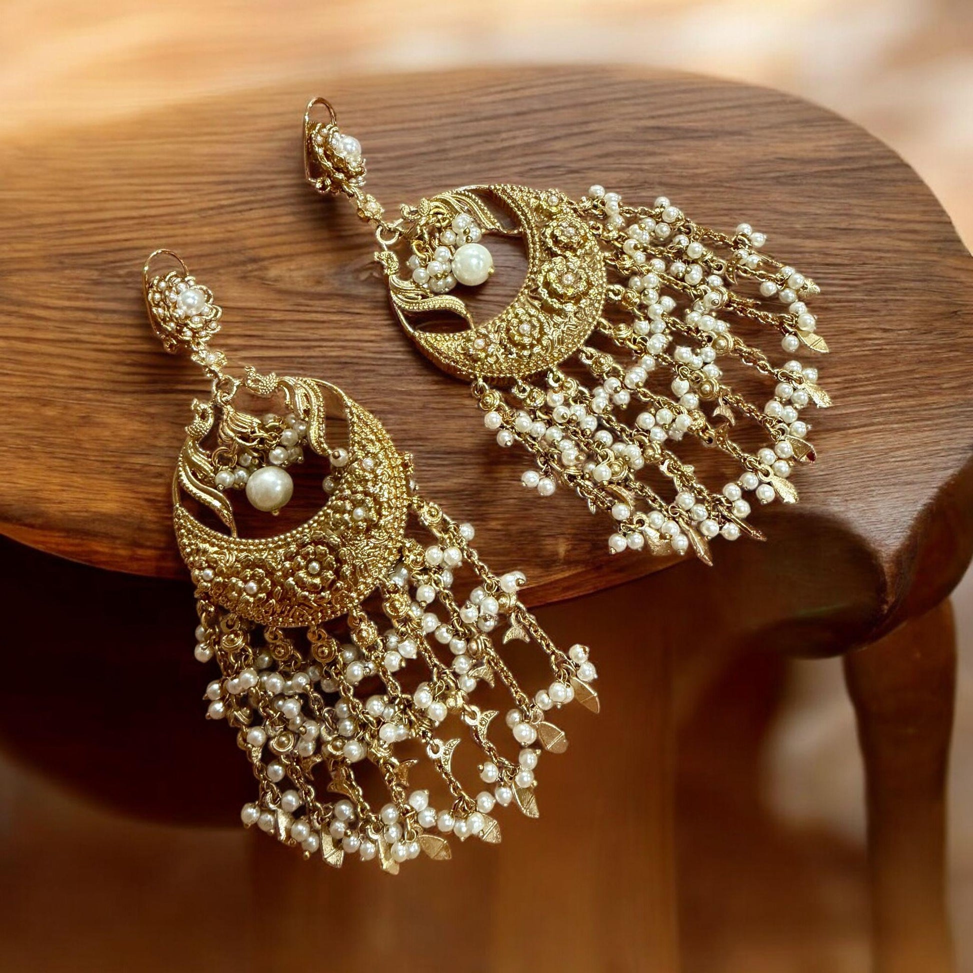 Royal Pearl Crescent Chandelier Earrings | Long Indian Jhumka Earrings | Bridal Traditional Jewelry women gift