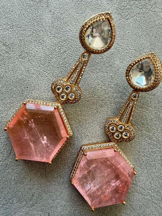 Handcrafted Pink Tourmaline Drop Earrings, Gold Plated, White Topaz Accents, Bridal Statement Jewelry