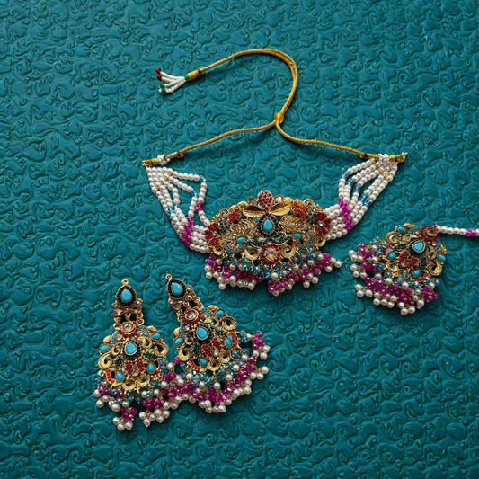 Kundan Pearl Choker Necklace Set with Turquoise Stones, Gold Plated Indian Pakistani Bridal Jewelry